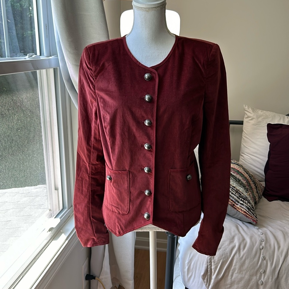 Free People Becky Velvet Military Jacket Blazer Burgundy M